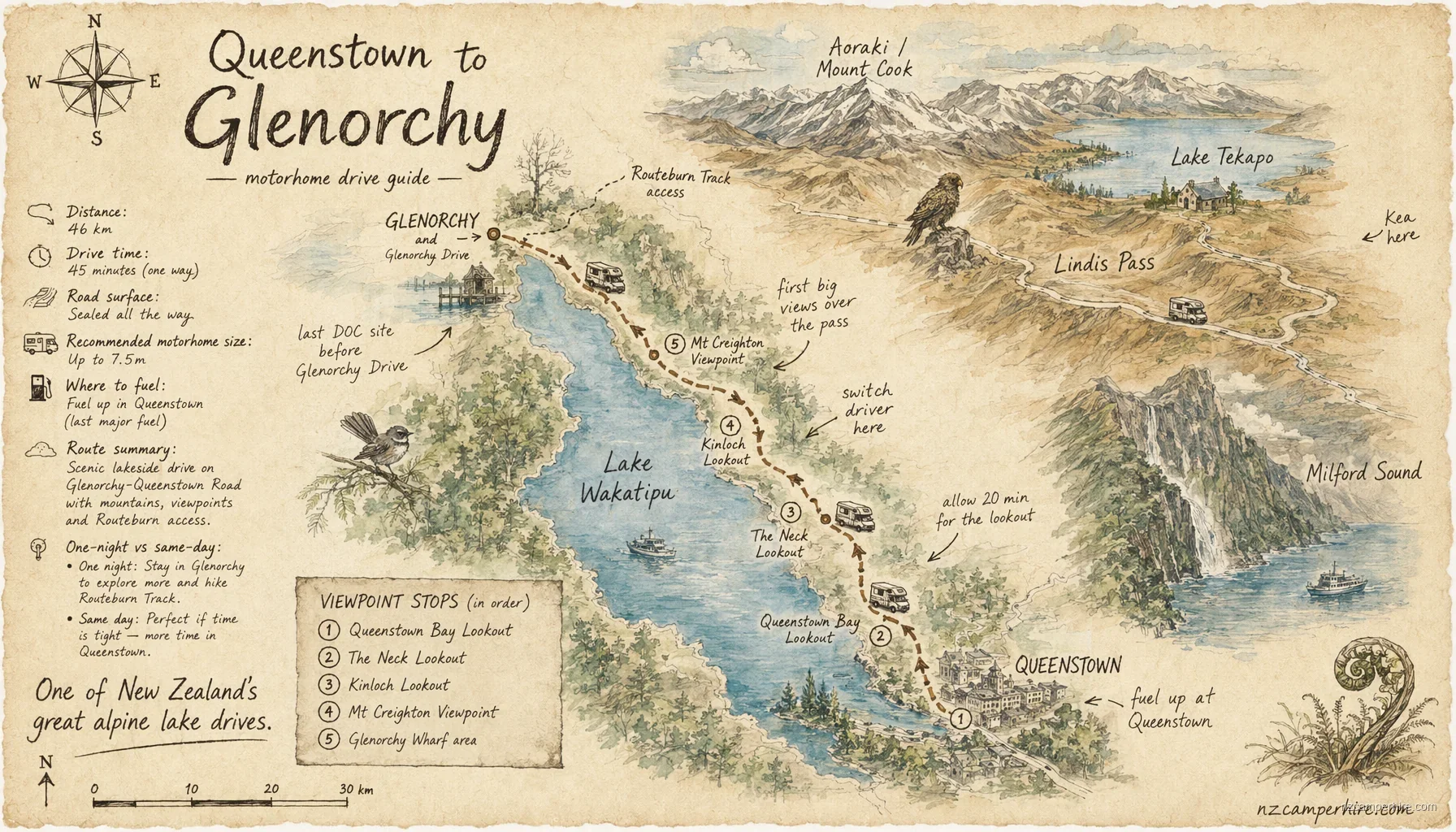 Hand-drawn map of the Queenstown to Glenorchy — motorhome drive guide route from Queenstown to Glenorchy Drive