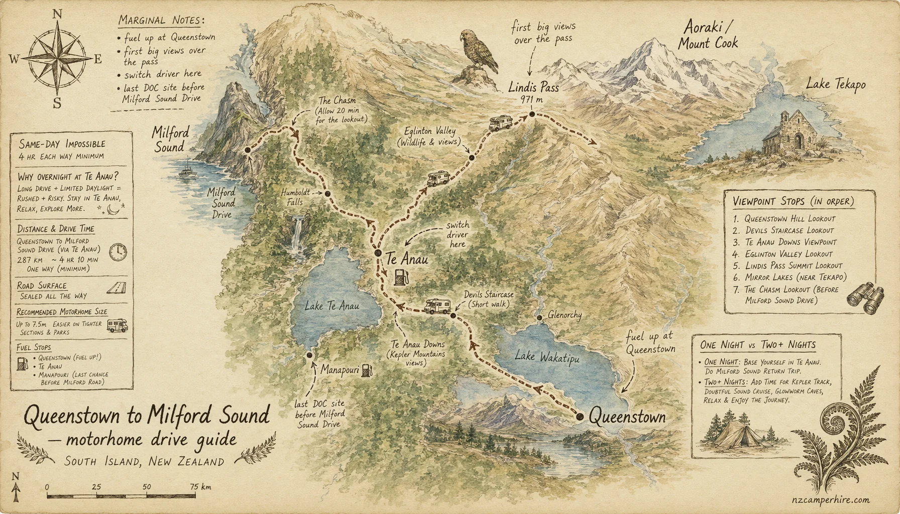 Hand-drawn map of the Queenstown to Milford Sound — motorhome drive guide route from Queenstown to Milford Sound Drive