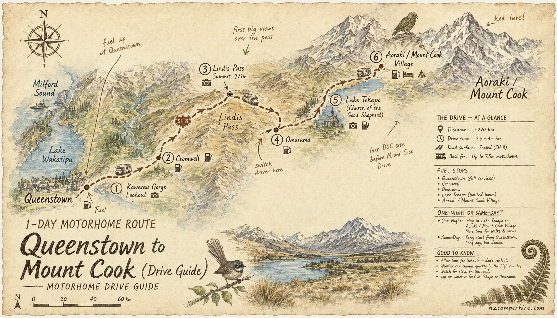 Hand-drawn map of the Queenstown to Mount Cook (drive guide) — motorhome drive guide route from Queenstown to Mount Cook Drive