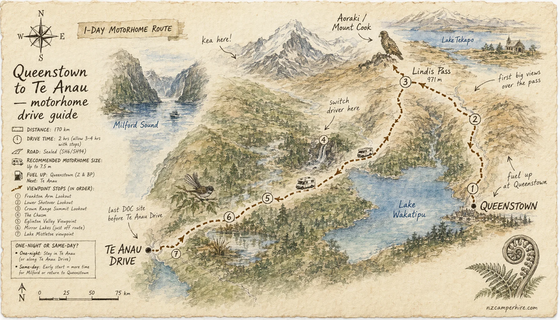 Hand-drawn map of the Queenstown to Te Anau — motorhome drive guide route from Queenstown to Te Anau Drive