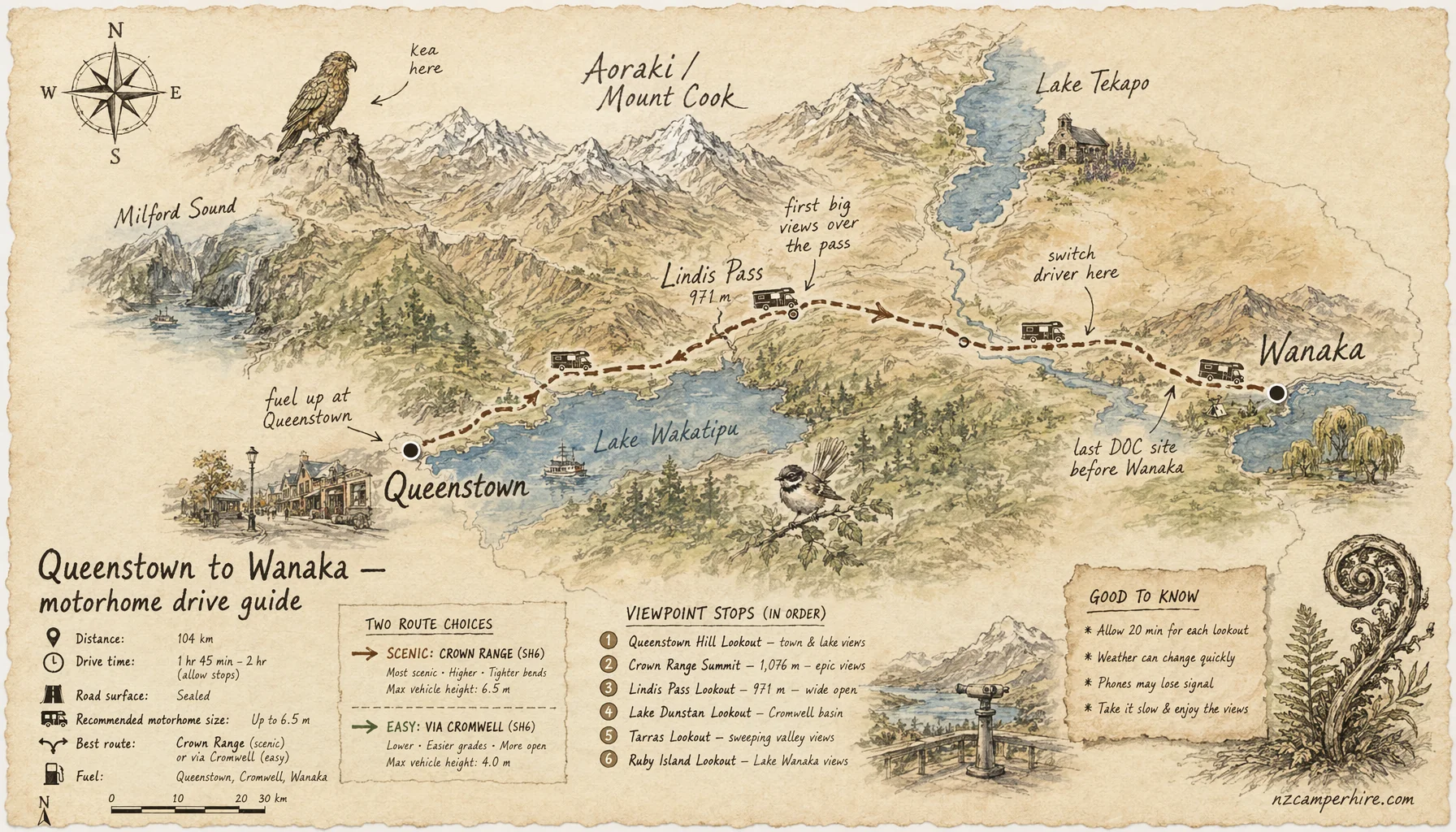 Hand-drawn map of the Queenstown to Wanaka — motorhome drive guide route from Queenstown to Wanaka
