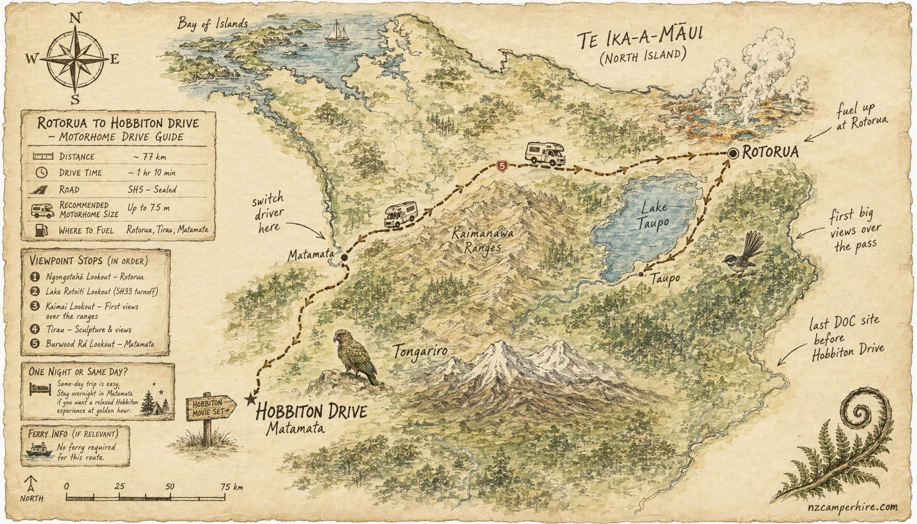 Hand-drawn map of the Rotorua to Hobbiton — motorhome drive guide route from Rotorua to Hobbiton Drive