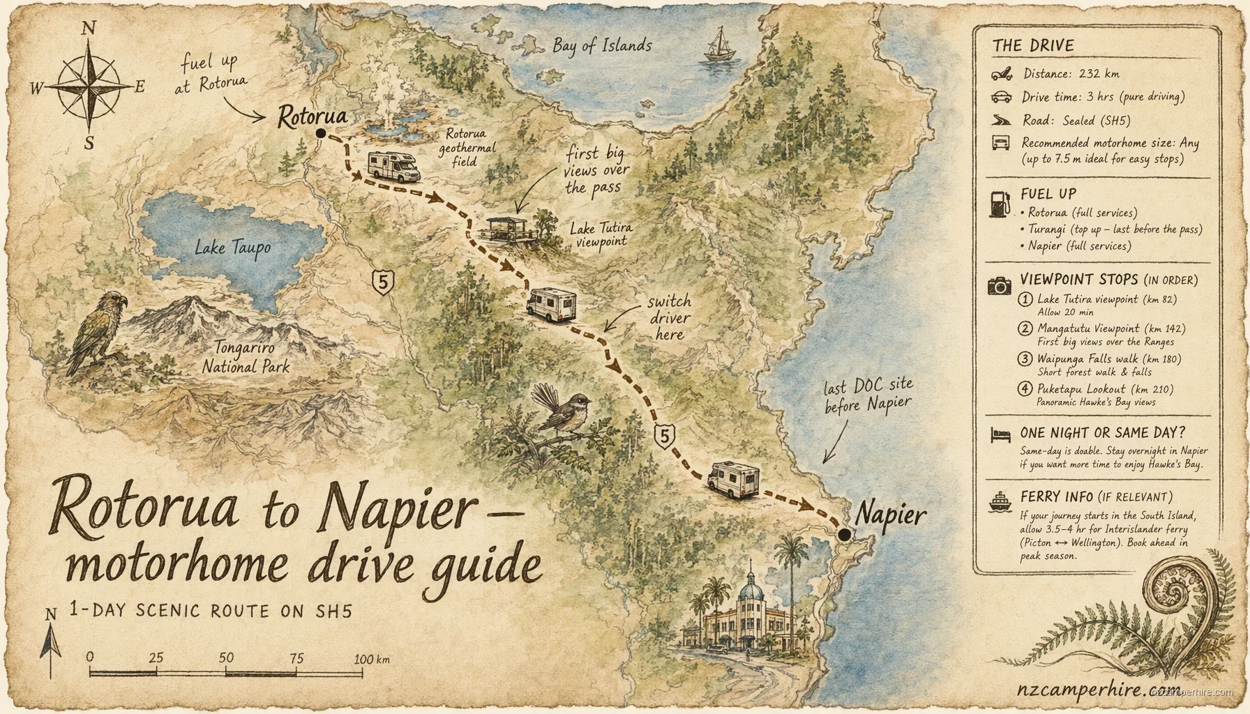 Hand-drawn map of the Rotorua to Napier — motorhome drive guide route from Rotorua to Napier