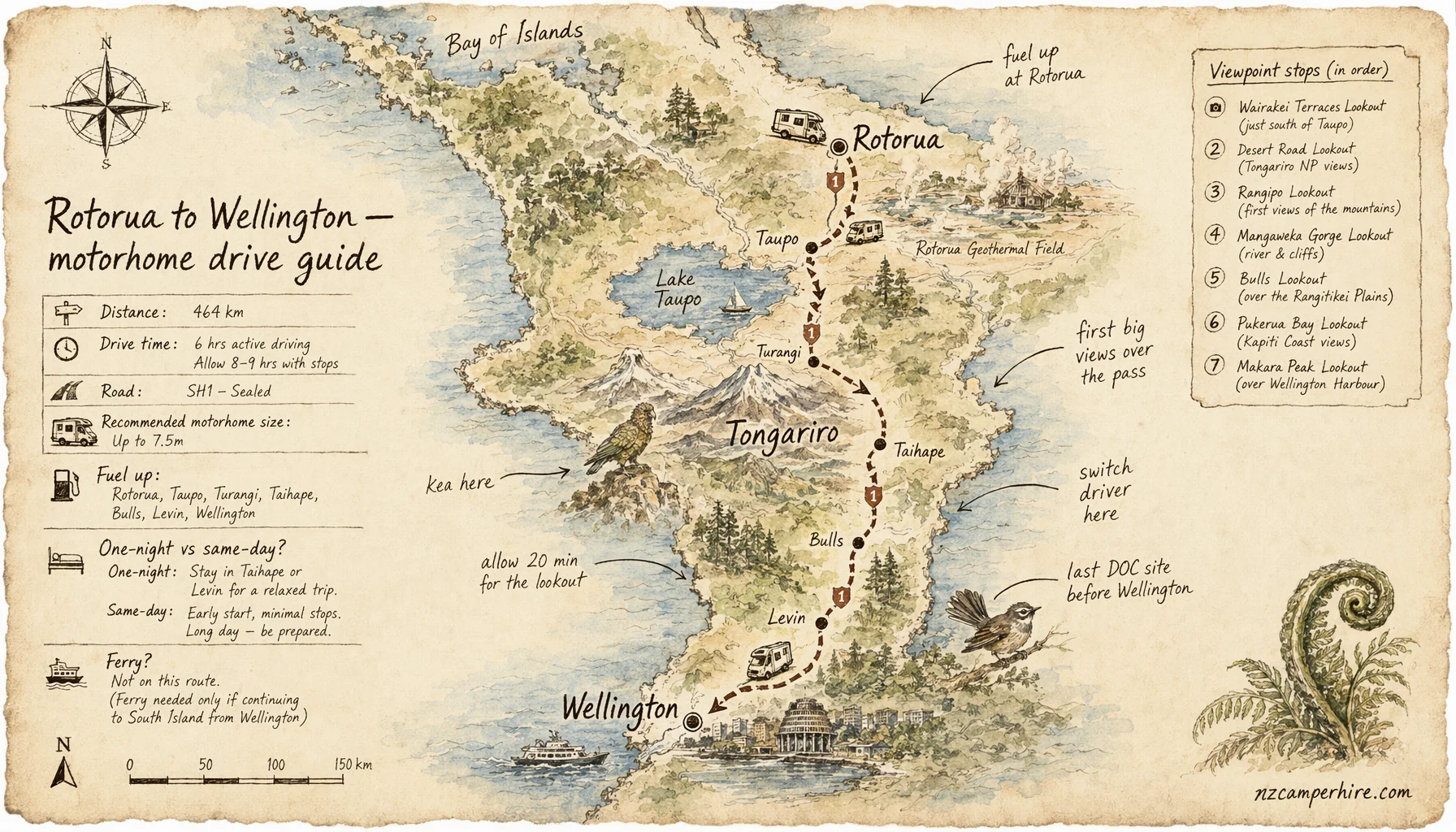 Hand-drawn map of the Rotorua to Wellington — motorhome drive guide route from Rotorua to Wellington
