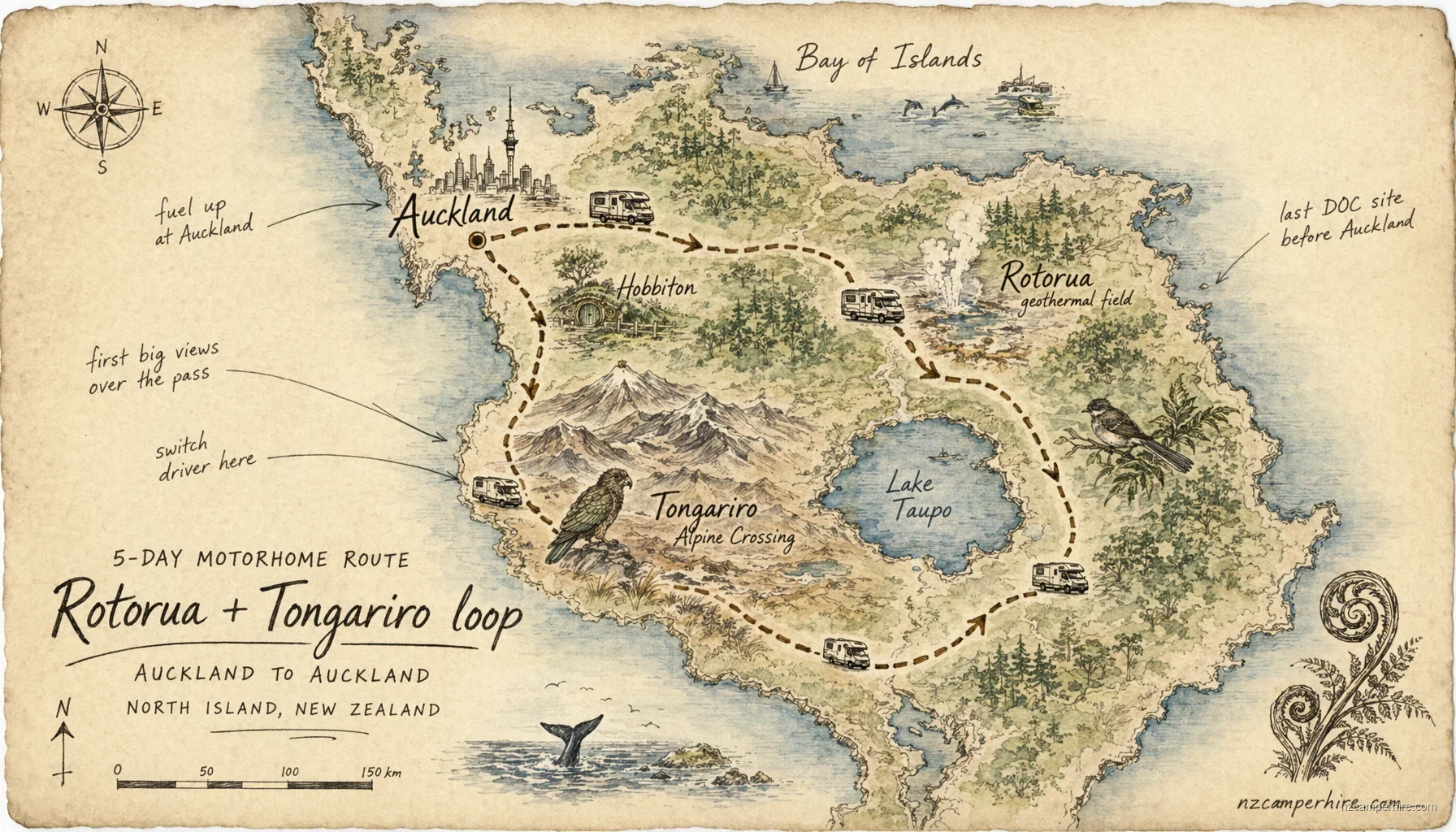 Hand-drawn map of the Rotorua + Tongariro loop route from Auckland to Auckland