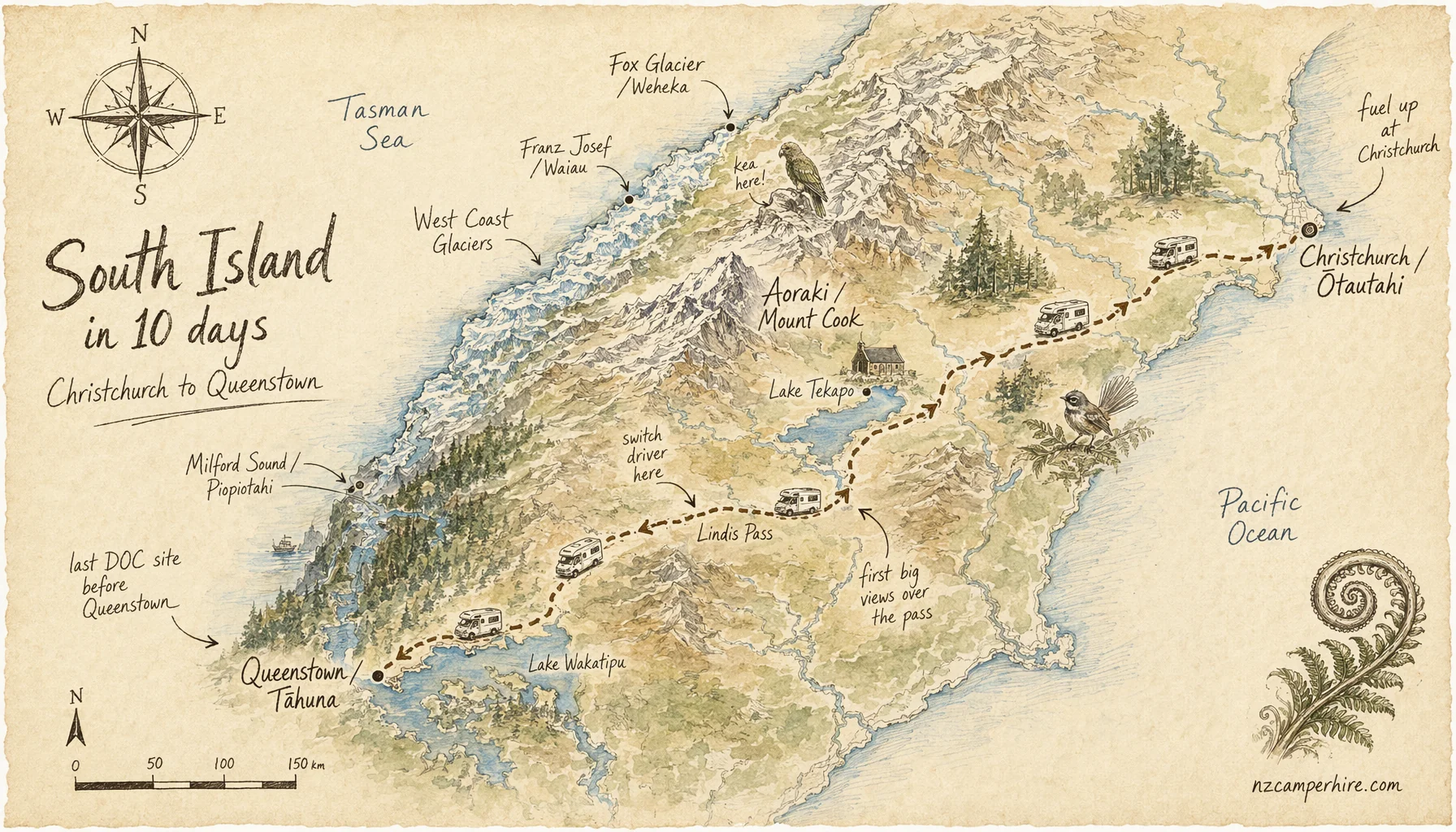 Hand-drawn map of the South Island in 10 days route from Christchurch to Queenstown