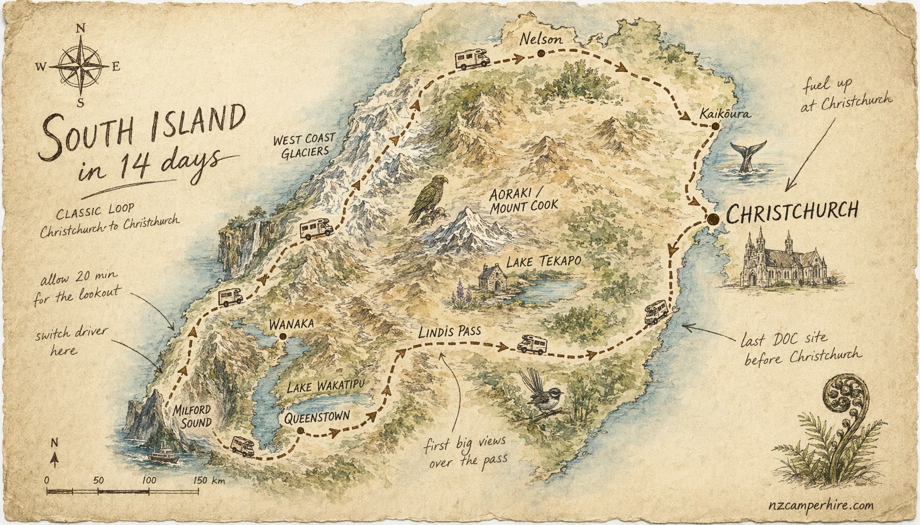 Hand-drawn map of the South Island in 14 days route from Christchurch to Christchurch