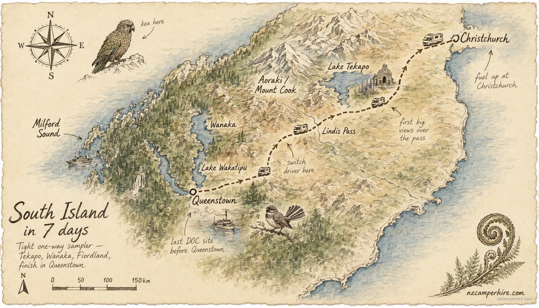 Hand-drawn map of the South Island in 7 days route from Christchurch to Queenstown