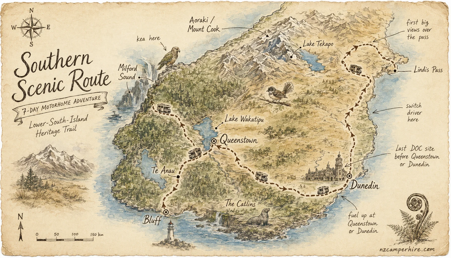 Hand-drawn map of the Southern Scenic Route route from Queenstown or Dunedin to Queenstown or Dunedin