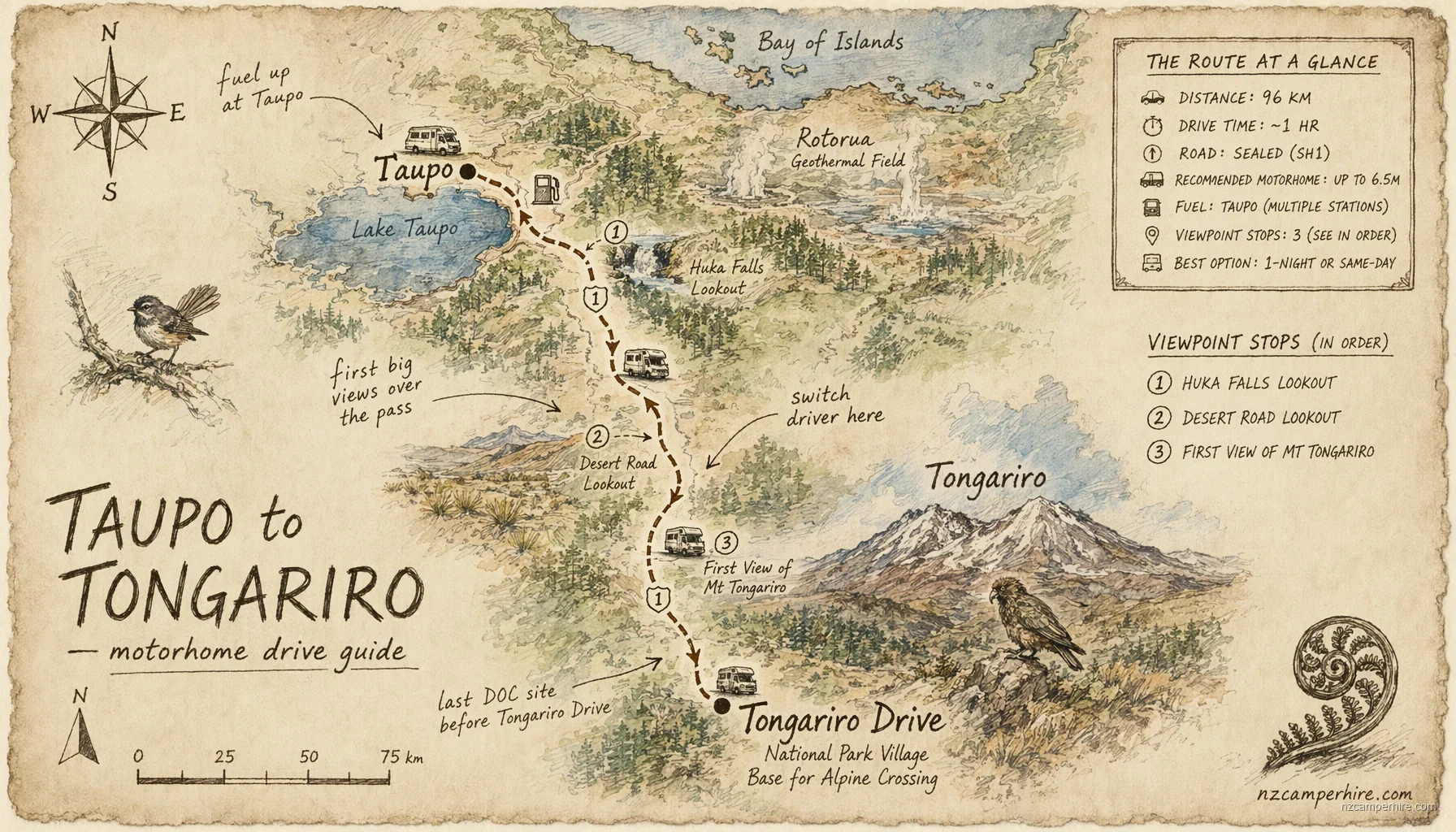 Hand-drawn map of the Taupo to Tongariro — motorhome drive guide route from Taupo to Tongariro Drive