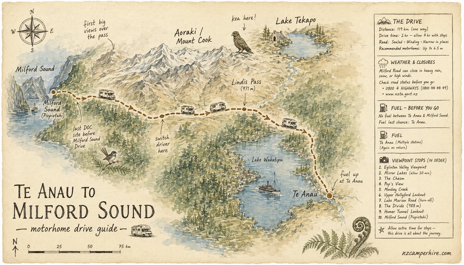 Hand-drawn map of the Te Anau to Milford Sound — motorhome drive guide route from Te Anau to Milford Sound Drive