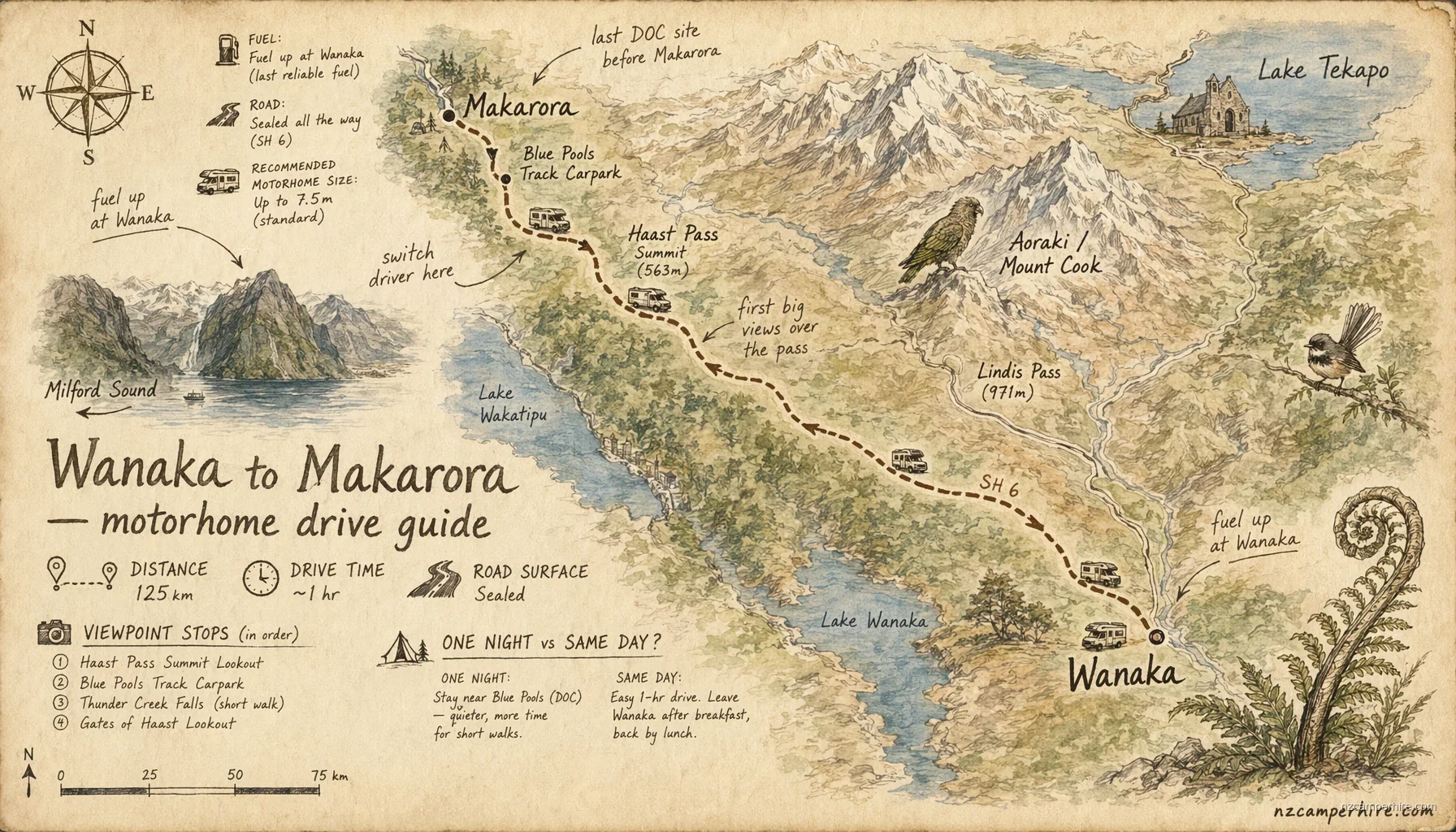 Hand-drawn map of the Wanaka to Makarora — motorhome drive guide route from Wanaka to Makarora