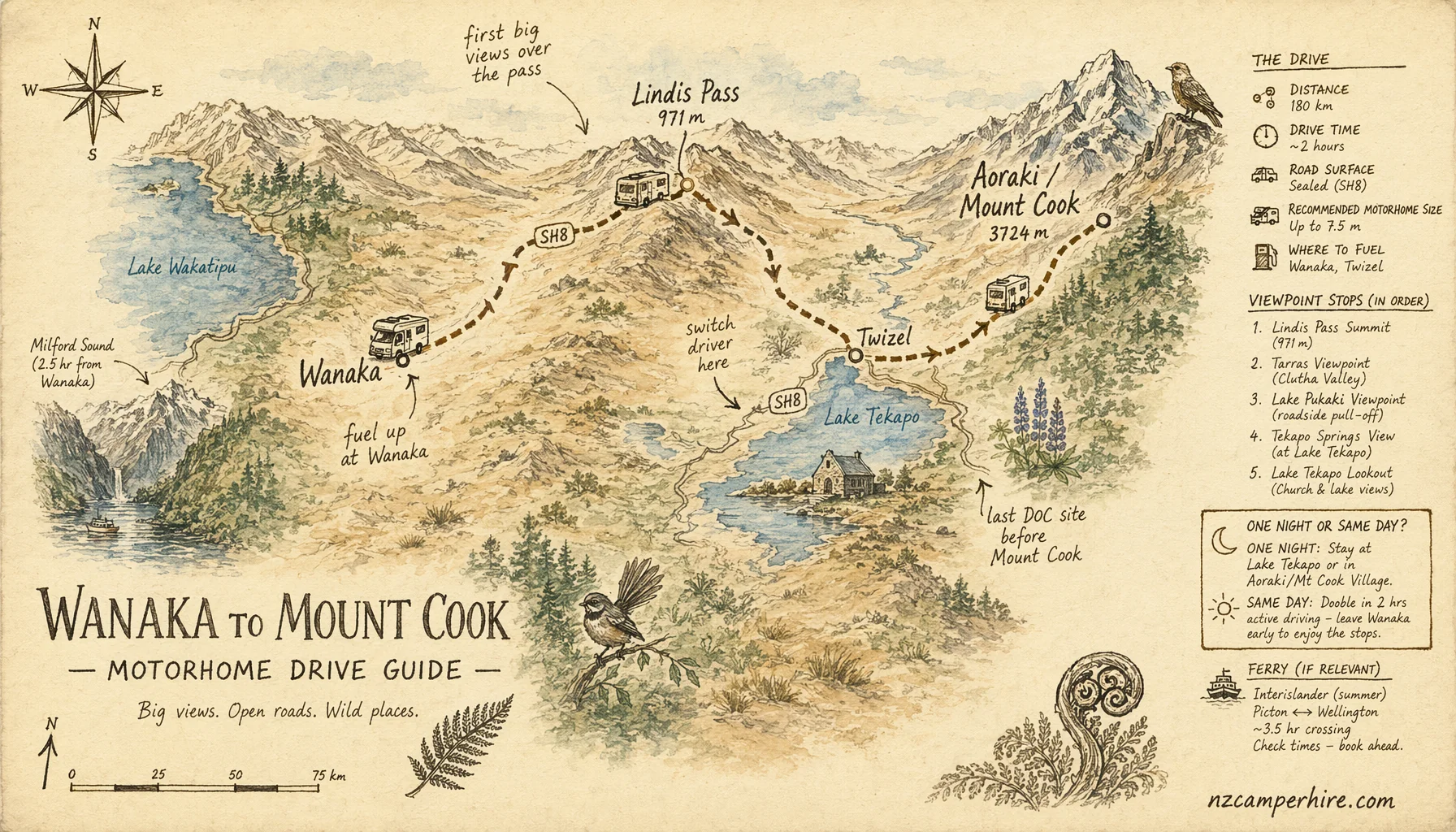 Hand-drawn map of the Wanaka to Mount Cook — motorhome drive guide route from Wanaka to Mount Cook