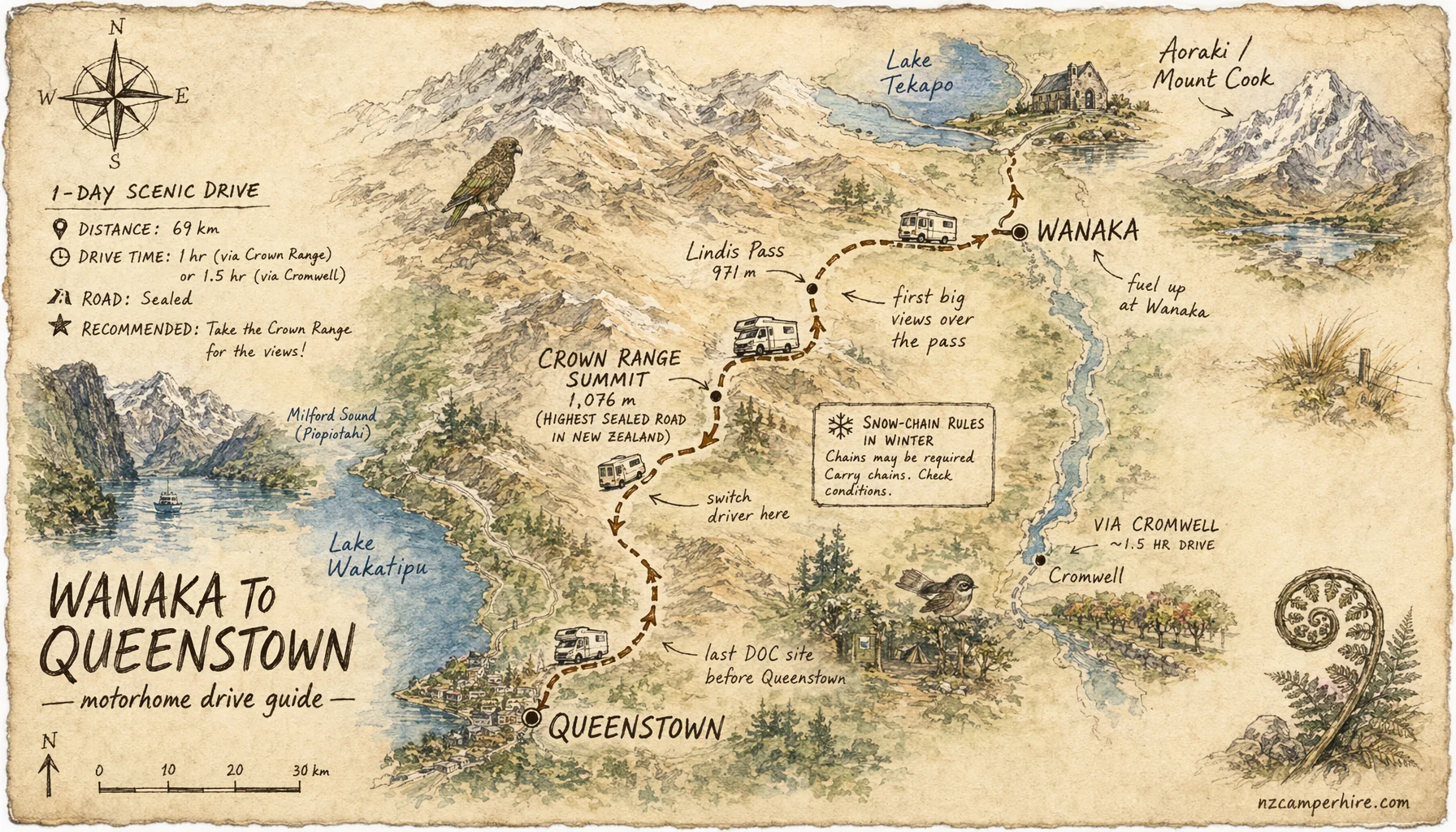 Hand-drawn map of the Wanaka to Queenstown — motorhome drive guide route from Wanaka to Queenstown