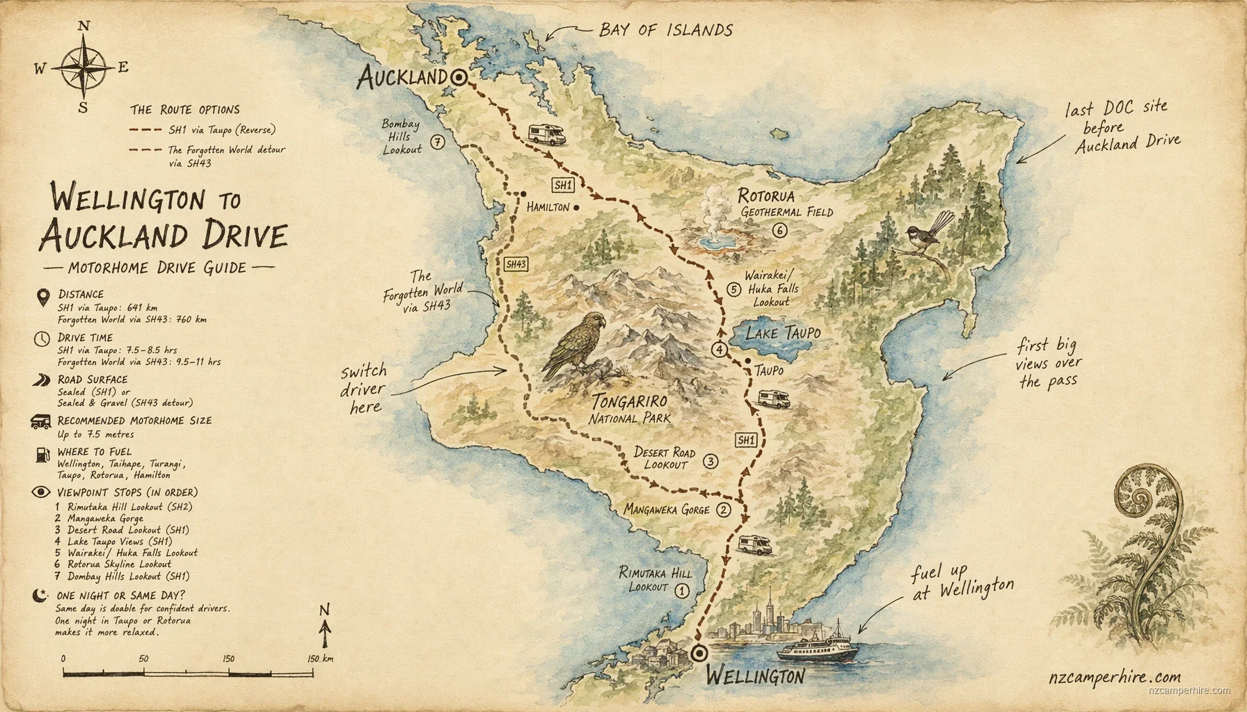 Hand-drawn map of the Wellington to Auckland drive — motorhome drive guide route from Wellington to Auckland Drive