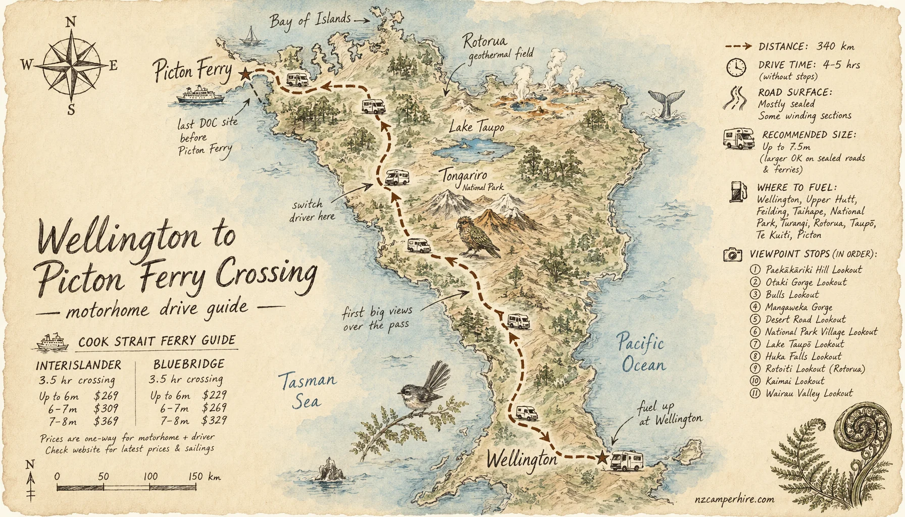 Hand-drawn map of the Wellington to Picton ferry crossing — motorhome drive guide route from Wellington to Picton Ferry