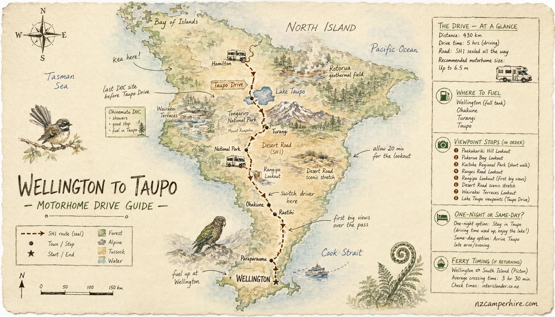 Hand-drawn map of the Wellington to Taupo — motorhome drive guide route from Wellington to Taupo Drive